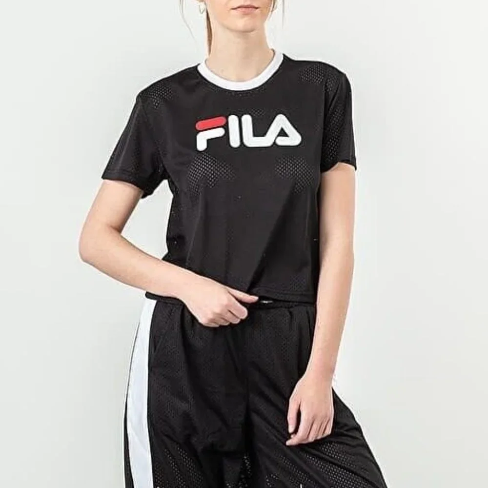 Fila Top Michelle Crop Tee Black White Mesh Graphic Short Sleeve